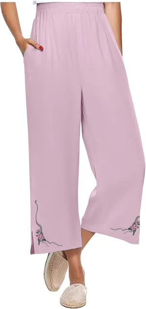 2025 Trendy Women Linen Pants Casual Wide Leg with Embroidery Pattern Cropped Palazzo Beach Boho Pant Summer Outfits