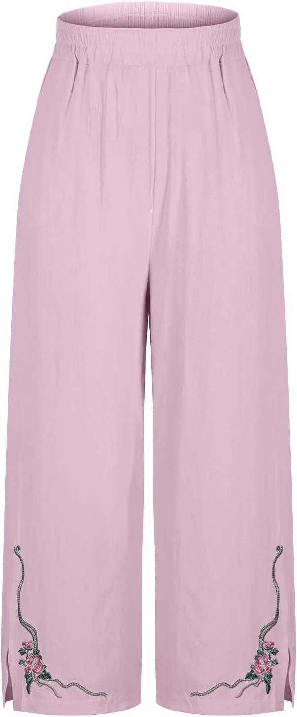 2025 Trendy Women Linen Pants Casual Wide Leg with Embroidery Pattern Cropped Palazzo Beach Boho Pant Summer Outfits