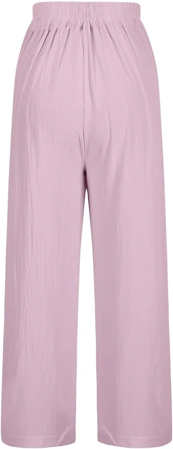 2025 Trendy Women Linen Pants Casual Wide Leg with Embroidery Pattern Cropped Palazzo Beach Boho Pant Summer Outfits