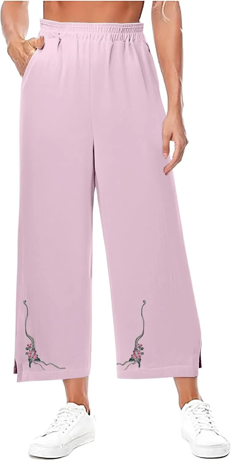 2025 Trendy Women Linen Pants Casual Wide Leg with Embroidery Pattern Cropped Palazzo Beach Boho Pant Summer Outfits