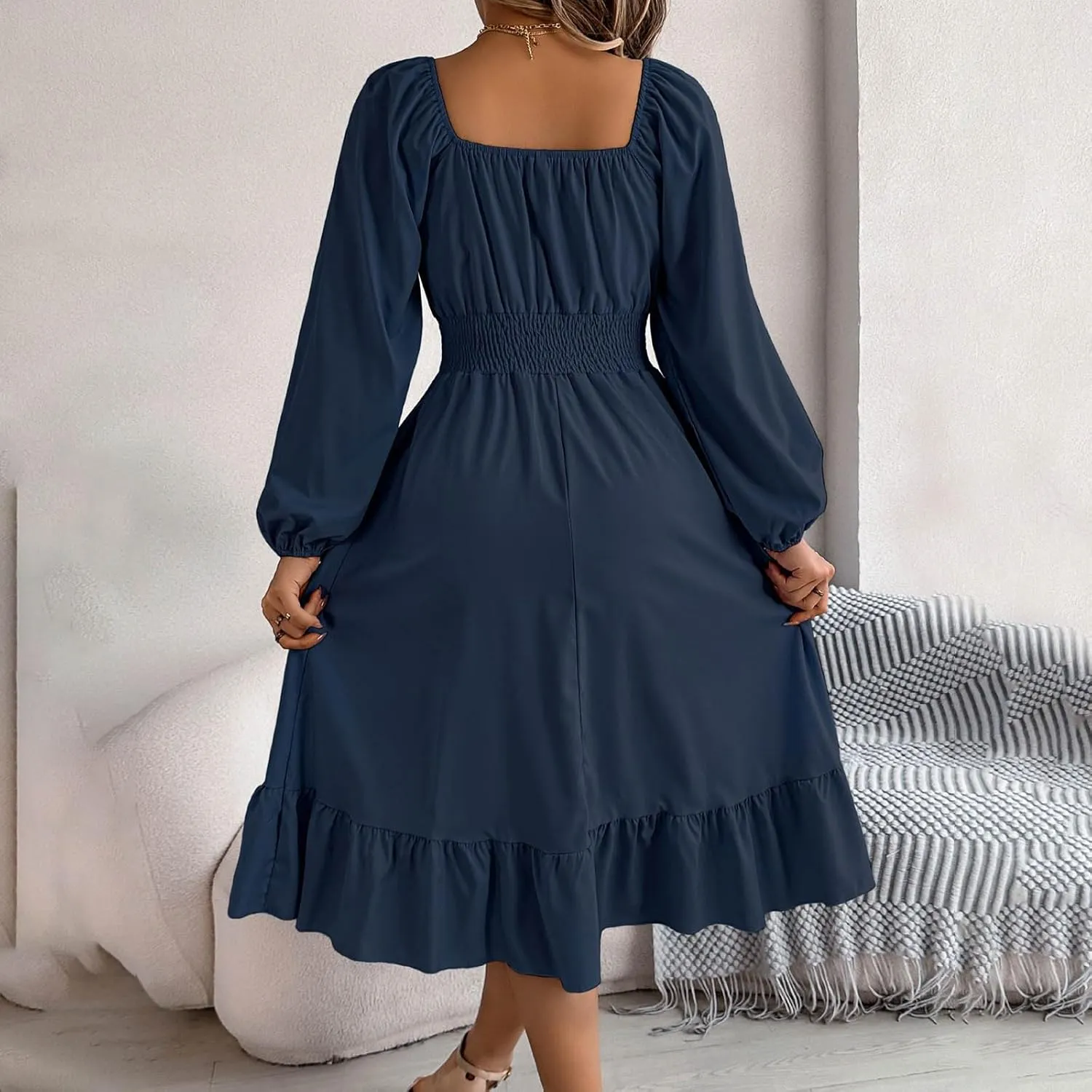 2025 Women Summer Dress Long Lantern Sleeve Square Neck Backless Sexy Dress Ruffle Elastic Waist A-Line Mini Dresses