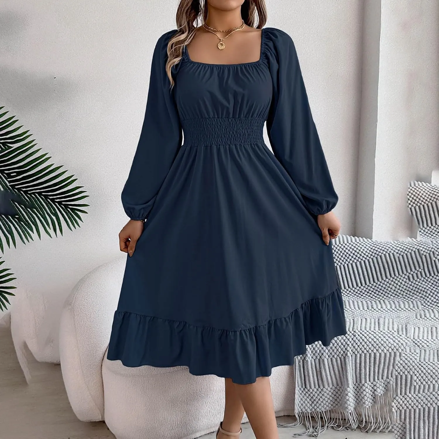 2025 Women Summer Dress Long Lantern Sleeve Square Neck Backless Sexy Dress Ruffle Elastic Waist A-Line Mini Dresses