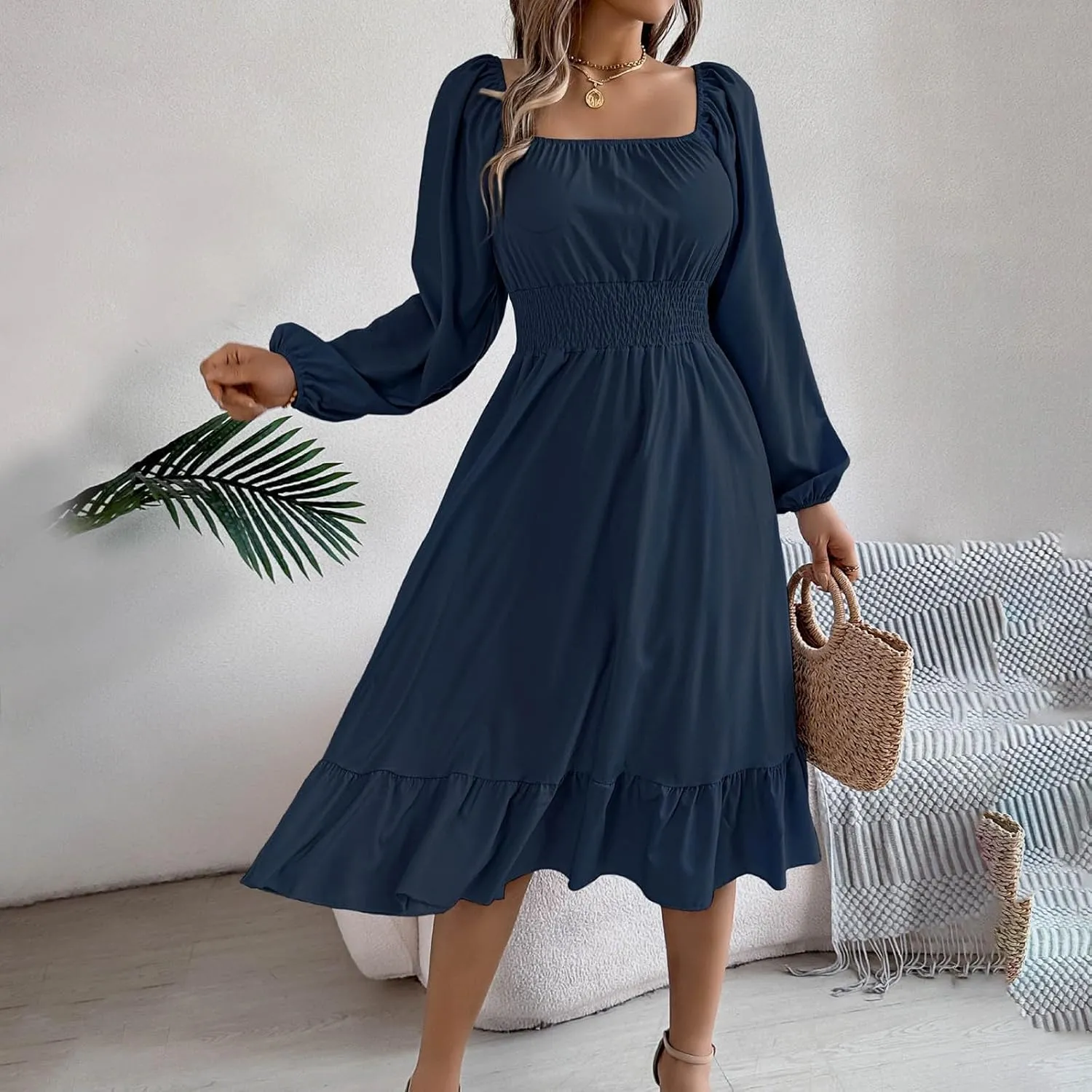 2025 Women Summer Dress Long Lantern Sleeve Square Neck Backless Sexy Dress Ruffle Elastic Waist A-Line Mini Dresses