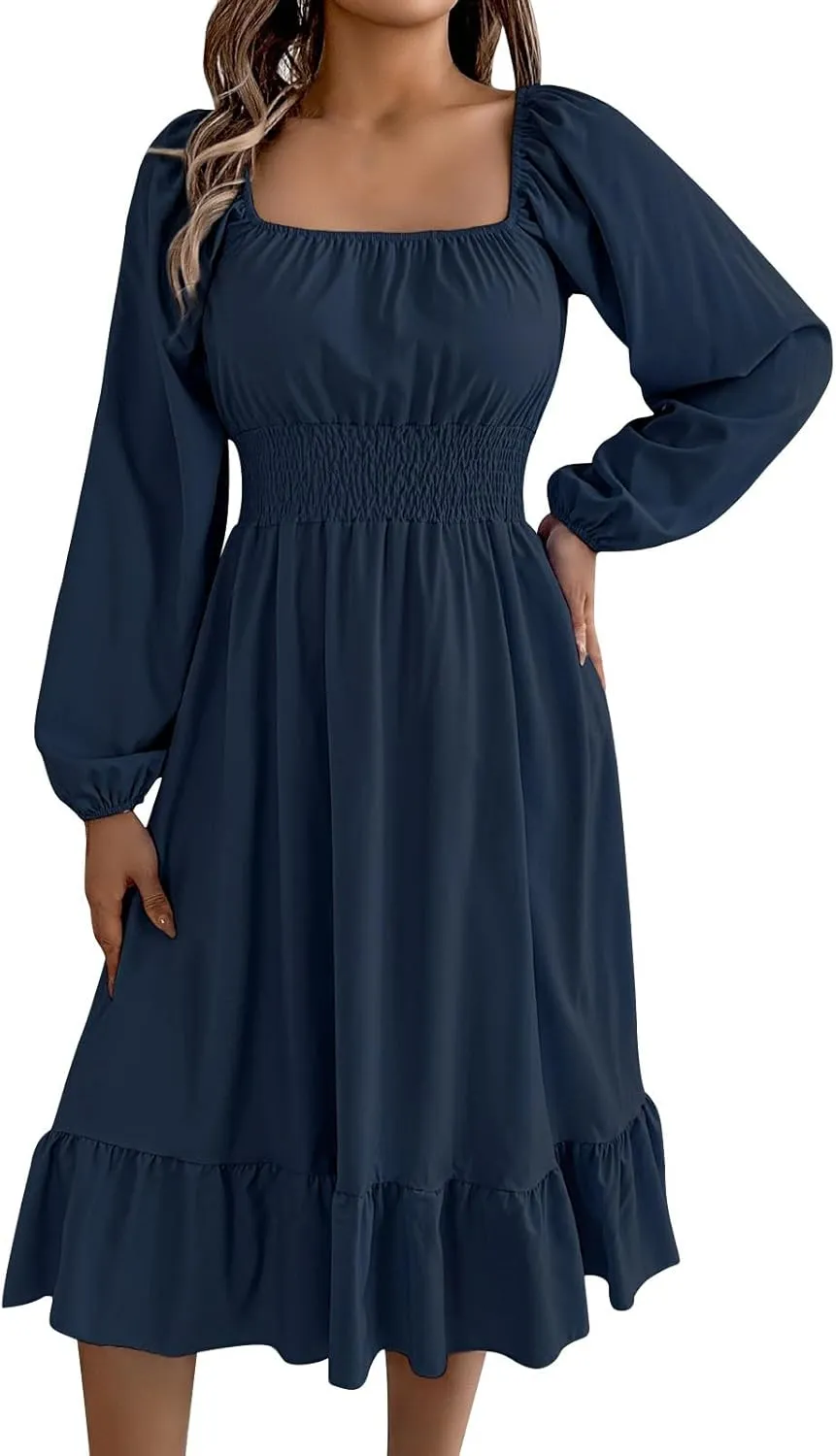 2025 Women Summer Dress Long Lantern Sleeve Square Neck Backless Sexy Dress Ruffle Elastic Waist A-Line Mini Dresses