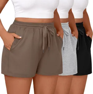 3 Pack Women's Plus Size Sweat Shorts Drawstring Elastic Waist Athletic Lounge Shorts with Pocket