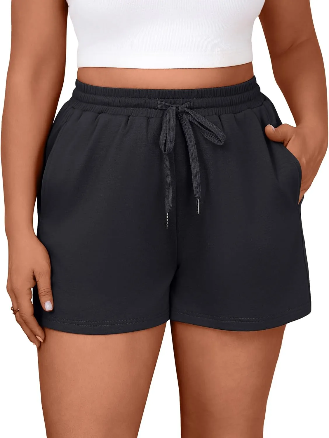 3 Pack Women's Plus Size Sweat Shorts Drawstring Elastic Waist Athletic Lounge Shorts with Pocket