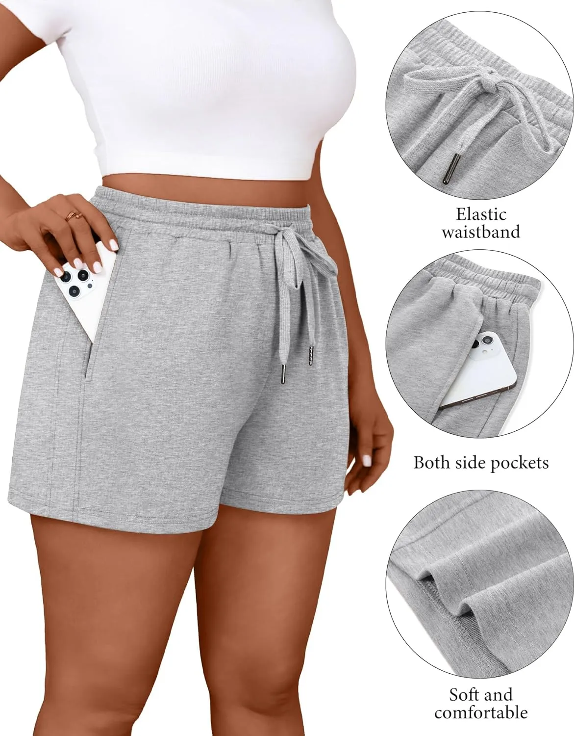 3 Pack Women's Plus Size Sweat Shorts Drawstring Elastic Waist Athletic Lounge Shorts with Pocket