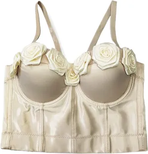 3D Flower Decoration Corset Top Women French Fashion Satin Tank Top Push Up Bustier Bra Nightclub Party Sexy Camisole (Color : Khaki-Flowers, Size : 36)