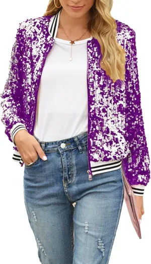 ACEFAST INC Women's Shiny Sparkle Sequins Long Sleeve Zip Blazer Halloween Party Bomber Jacket