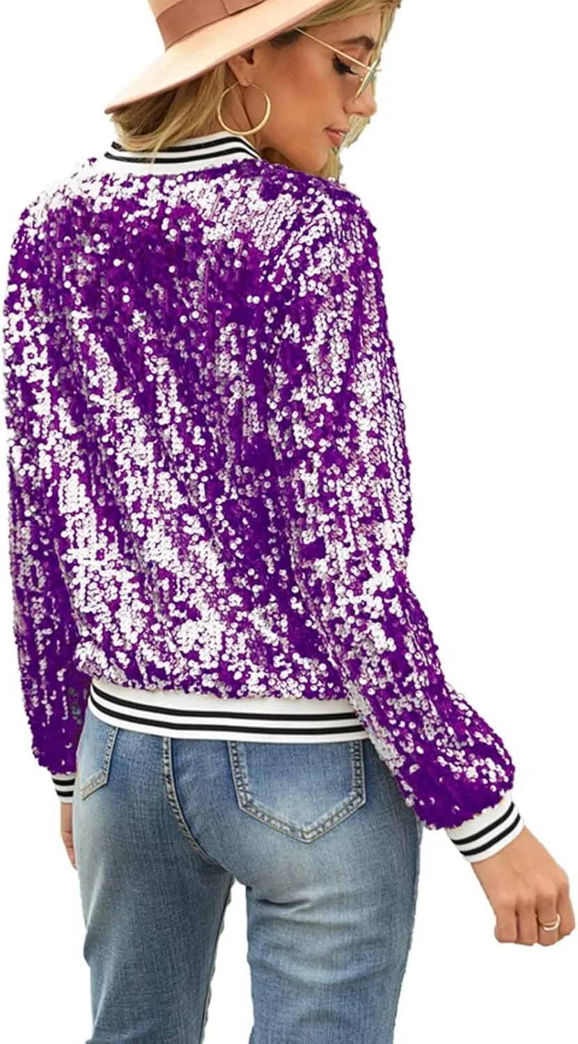 ACEFAST INC Women's Shiny Sparkle Sequins Long Sleeve Zip Blazer Halloween Party Bomber Jacket