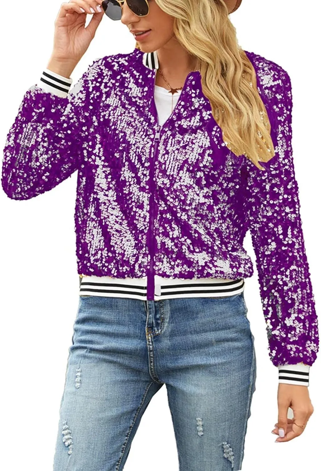 ACEFAST INC Women's Shiny Sparkle Sequins Long Sleeve Zip Blazer Halloween Party Bomber Jacket