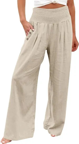 ADHOWBEW Linen Pants for Women Summer 2025 Elastic Waist Plus Size Work Lounge Casual Palazzo Flowy Trousers Dressy Trendy