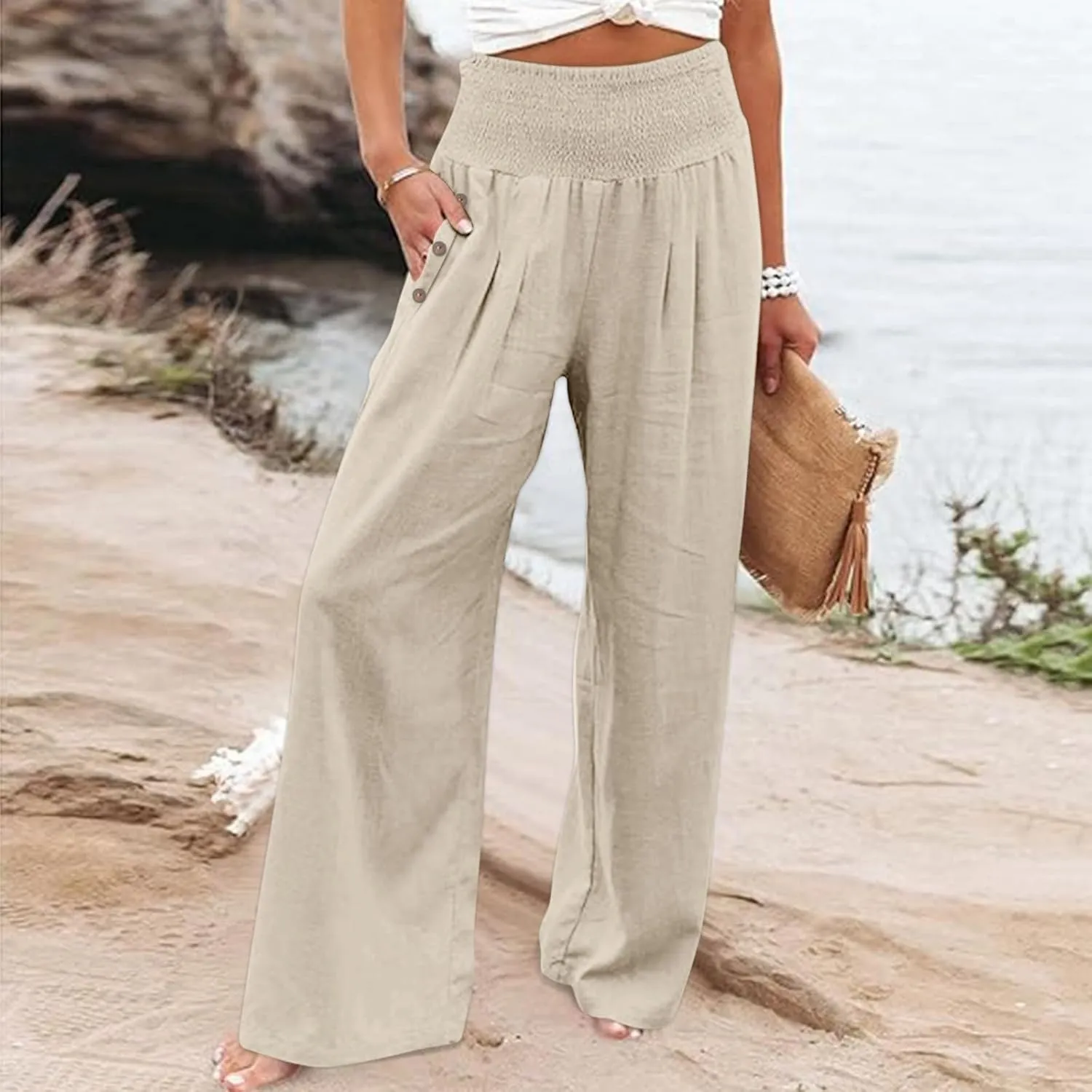 ADHOWBEW Linen Pants for Women Summer 2025 Elastic Waist Plus Size Work Lounge Casual Palazzo Flowy Trousers Dressy Trendy