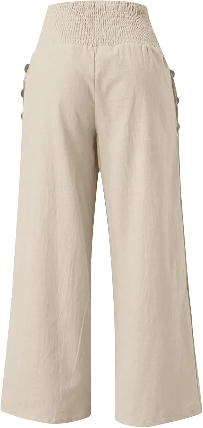 ADHOWBEW Linen Pants for Women Summer 2025 Elastic Waist Plus Size Work Lounge Casual Palazzo Flowy Trousers Dressy Trendy