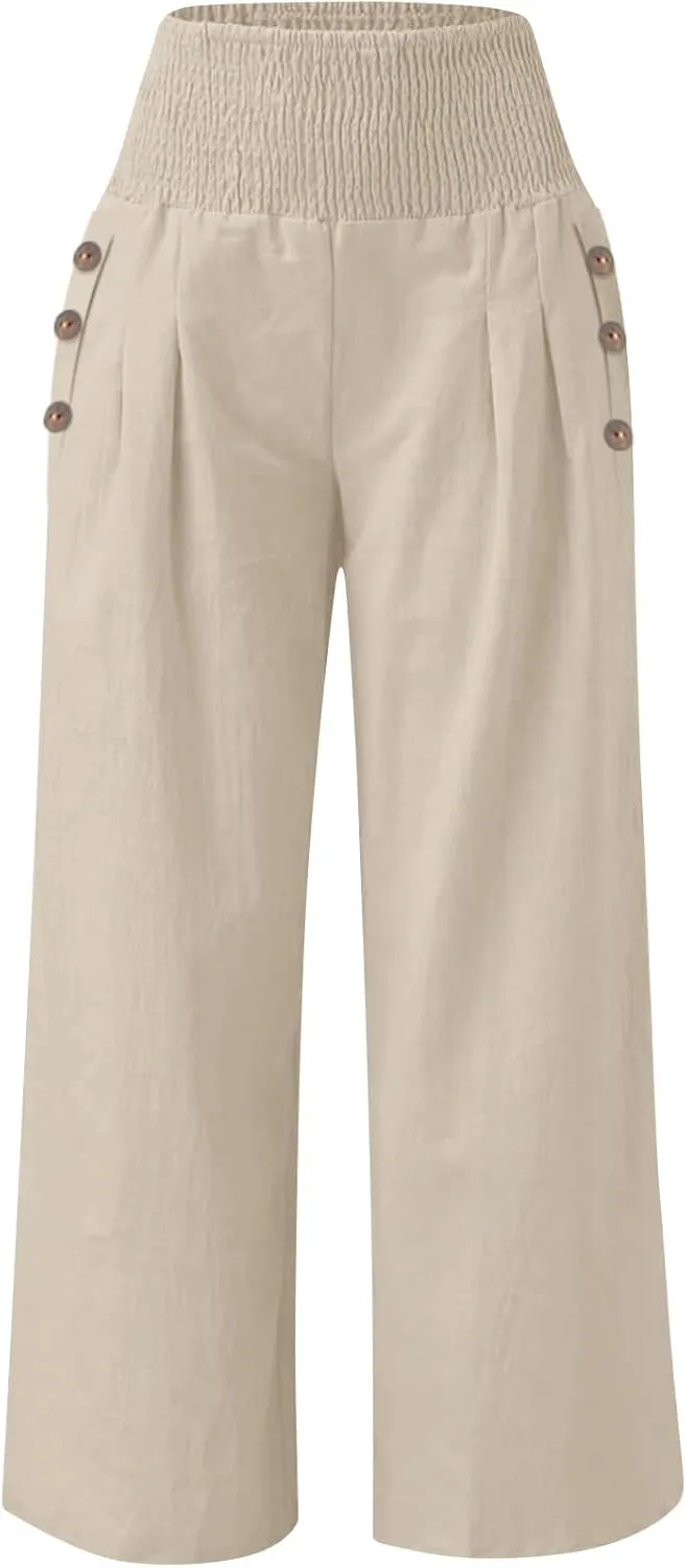 ADHOWBEW Linen Pants for Women Summer 2025 Elastic Waist Plus Size Work Lounge Casual Palazzo Flowy Trousers Dressy Trendy