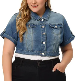 Agnes Orinda Plus Size Short Sleeve Denim Jackets for Women Button Washed Cropped Jean Jacket
