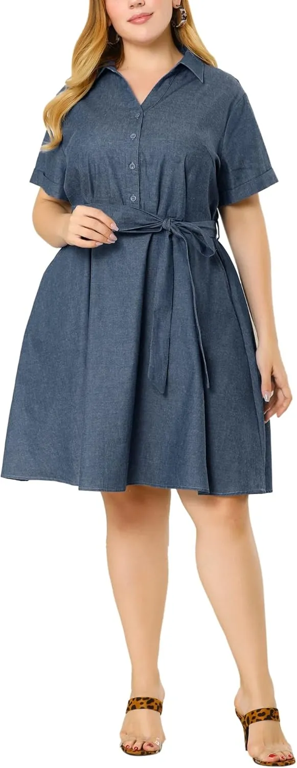 Agnes Orinda Women's Plus Size Dresses Buttons Belted Short Sleeves Chambray Dress 2024