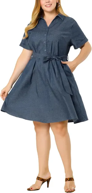Agnes Orinda Women's Plus Size Dresses Buttons Belted Short Sleeves Chambray Dress 2024