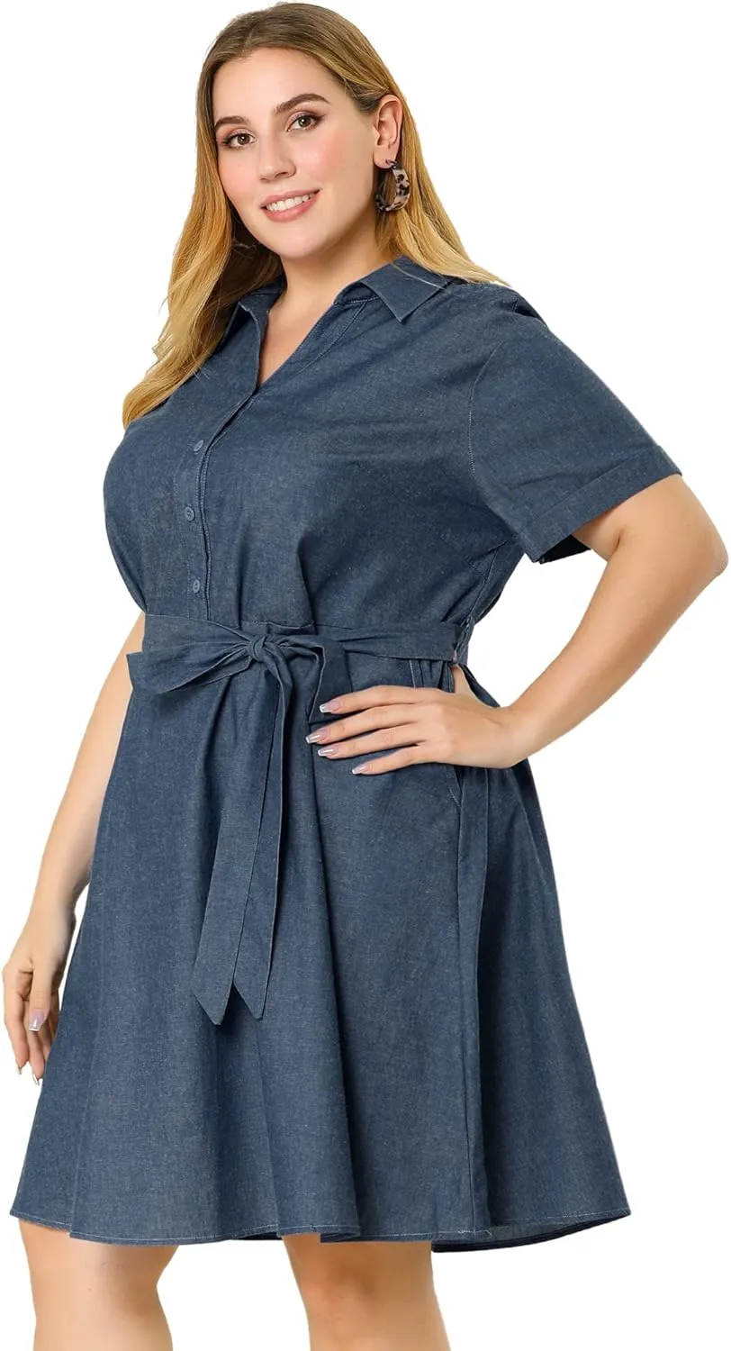 Agnes Orinda Women's Plus Size Dresses Buttons Belted Short Sleeves Chambray Dress 2024