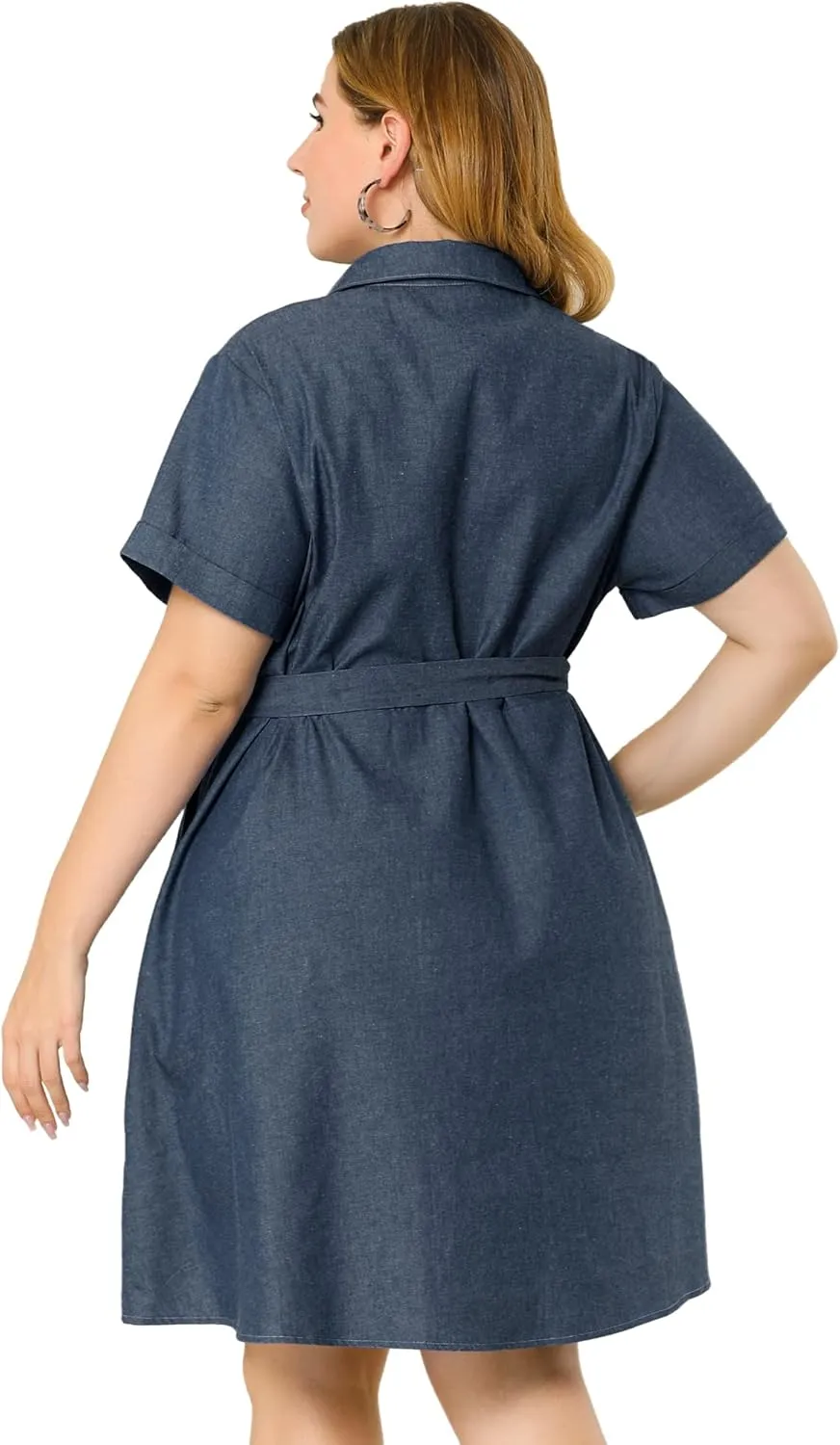 Agnes Orinda Women's Plus Size Dresses Buttons Belted Short Sleeves Chambray Dress 2024