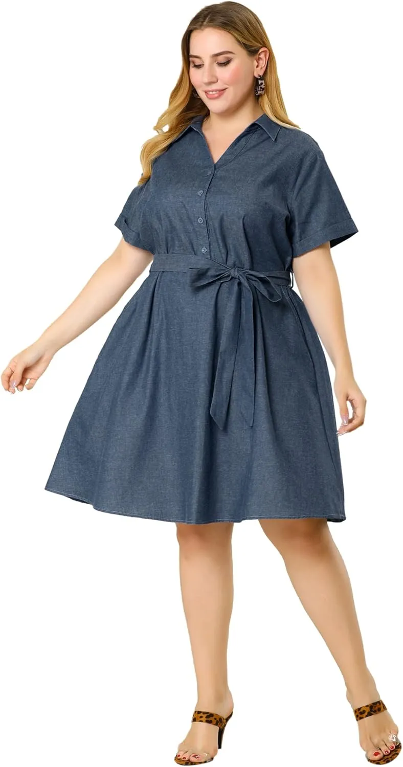 Agnes Orinda Women's Plus Size Dresses Buttons Belted Short Sleeves Chambray Dress 2024
