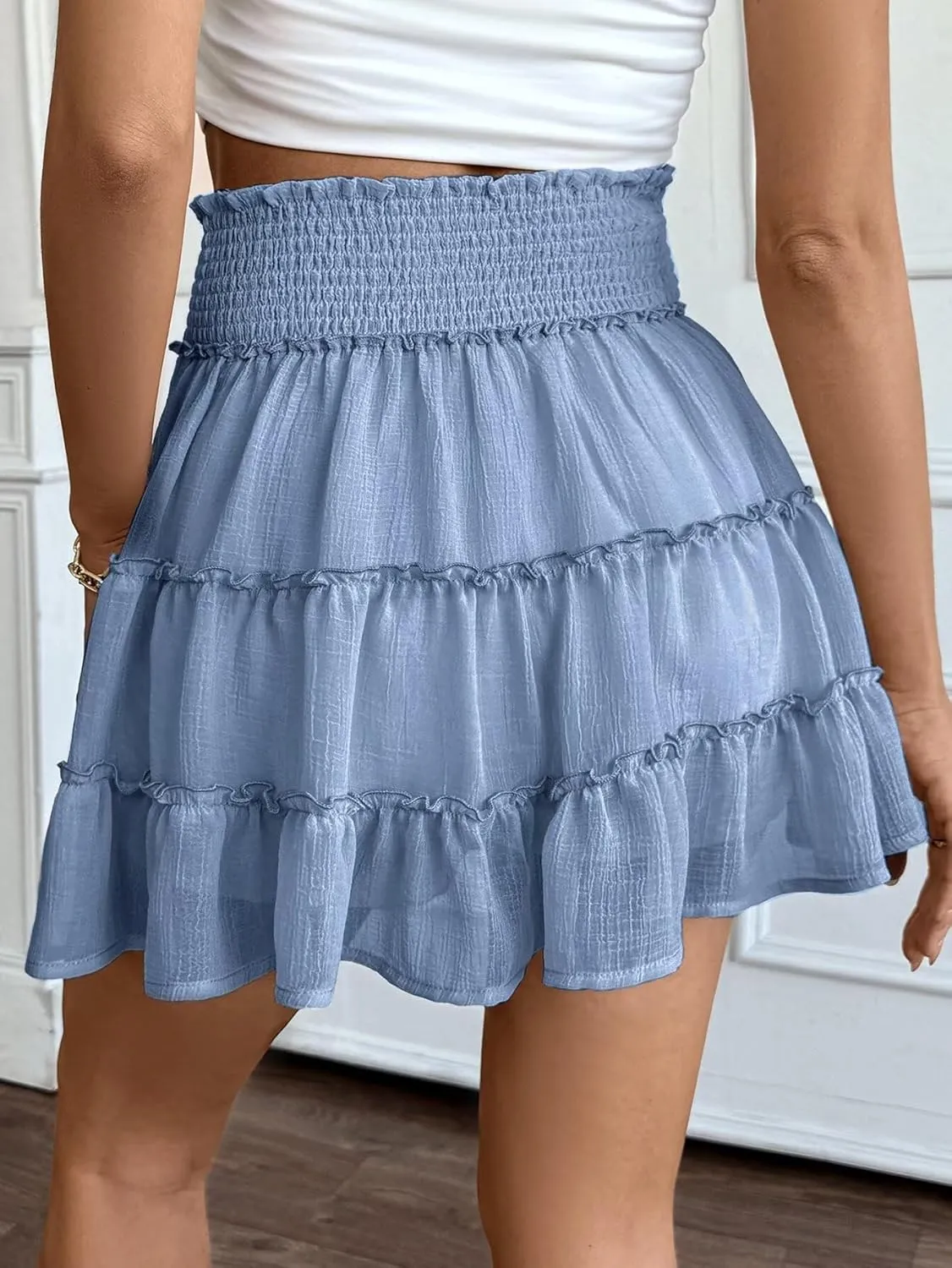 Ahtyeo Flowy Shorts for Women Boho Ruffle Tiered Skorts High Waist Mini Skirts Golf Tennis Casual Shorts