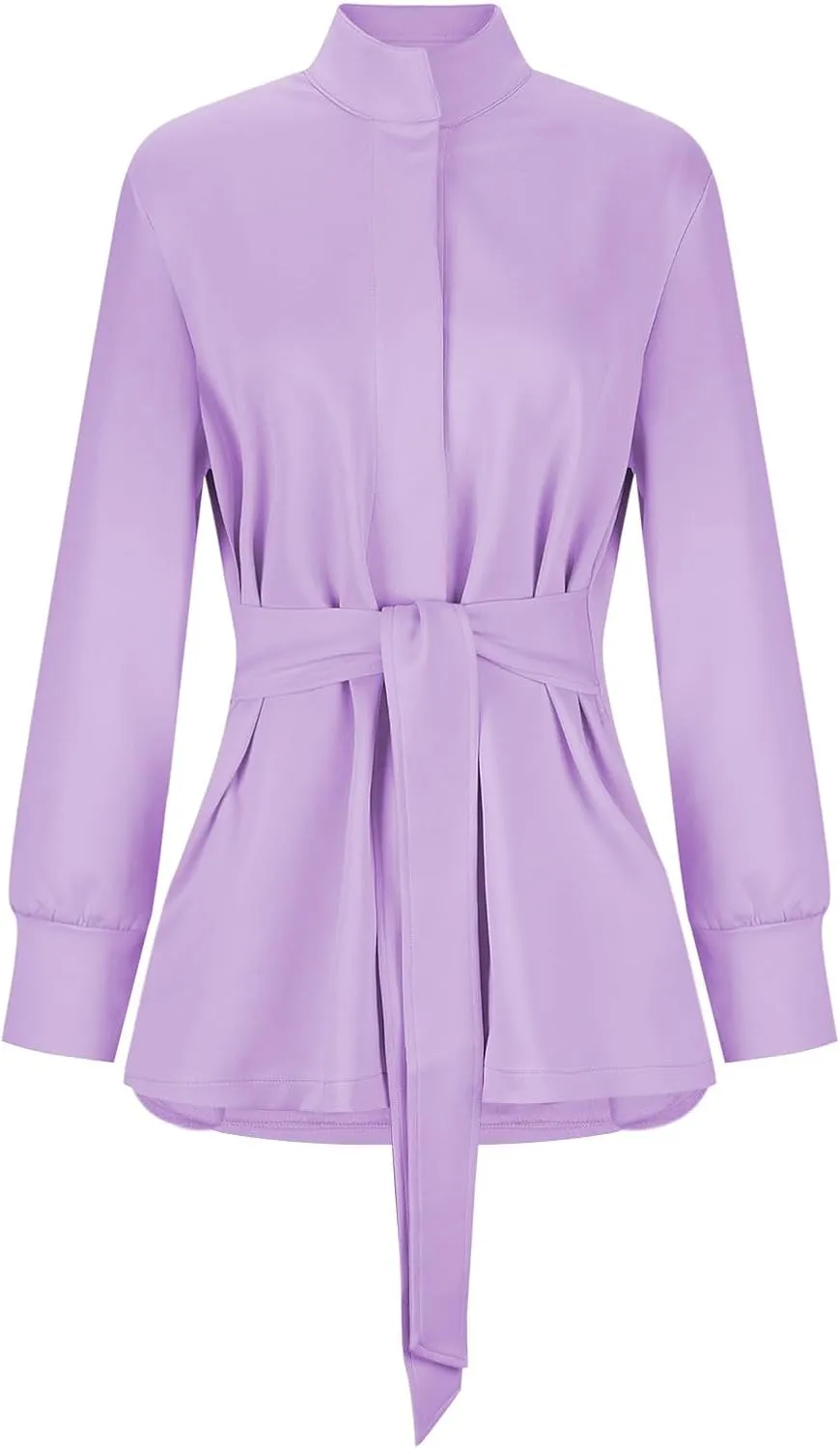 Akklian Womens Jacket Casual Long Sleeve Belted Wrap Trench Coat 2024 Fall Fashion Button Up Cropped Outerwear with Pockets