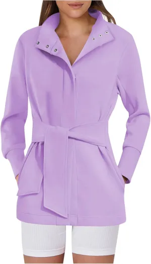 Akklian Womens Jacket Casual Long Sleeve Belted Wrap Trench Coat 2024 Fall Fashion Button Up Cropped Outerwear with Pockets