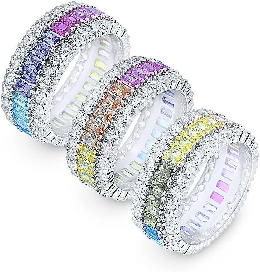 Alfred & Vincent Baguette & Round Multi-Color CZ Crystal Eternity Ring in .925 Sterling Silver w/Rhodium