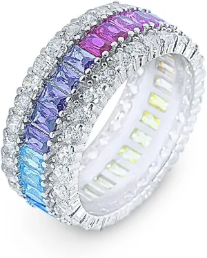Alfred & Vincent Baguette & Round Multi-Color CZ Crystal Eternity Ring in .925 Sterling Silver w/Rhodium