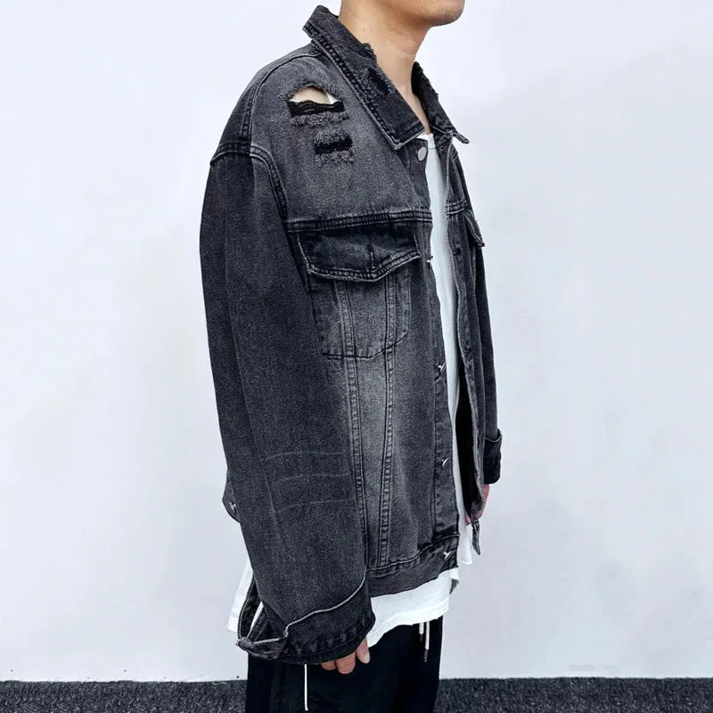 American Denim Jackets Holes Multi Pocket Lapel Solid Color Coats Button 2024 Single Breasted Tops Winter Loose Tide 9C8811