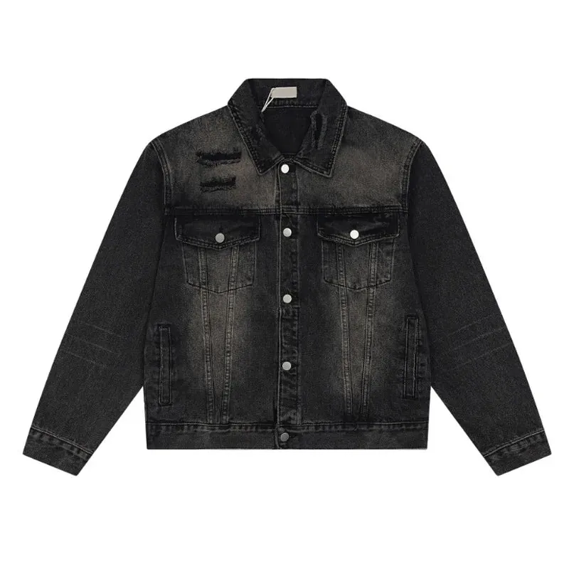American Denim Jackets Holes Multi Pocket Lapel Solid Color Coats Button 2024 Single Breasted Tops Winter Loose Tide 9C8811