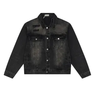 American Denim Jackets Holes Multi Pocket Lapel Solid Color Coats Button 2024 Single Breasted Tops Winter Loose Tide 9C8811