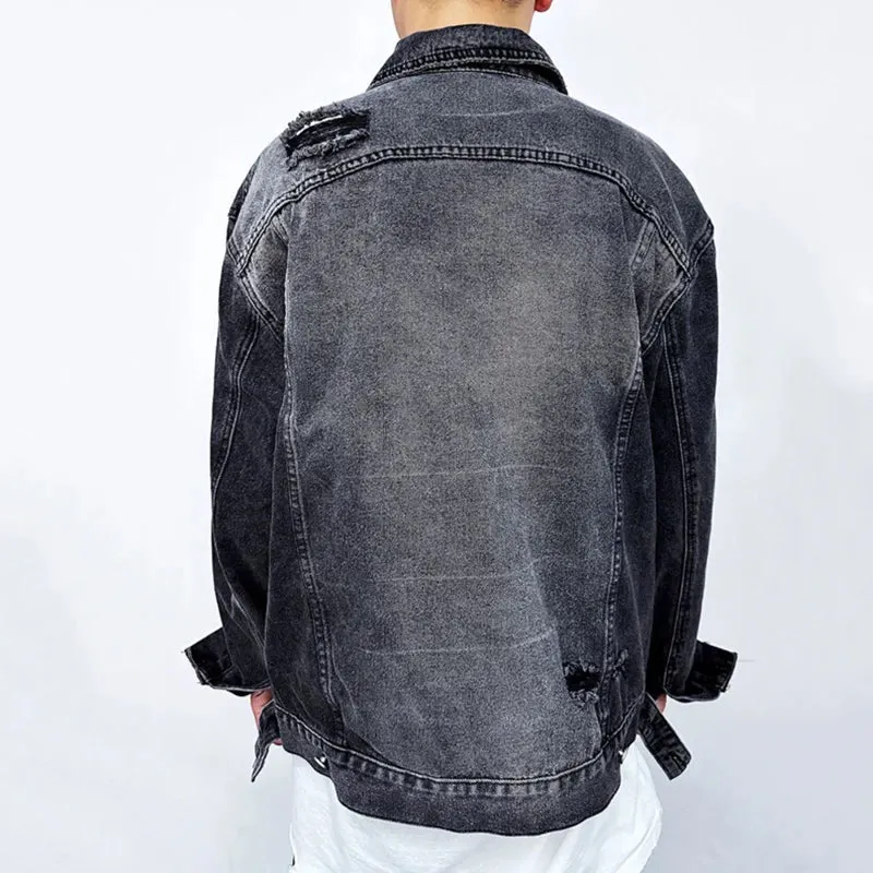 American Denim Jackets Holes Multi Pocket Lapel Solid Color Coats Button 2024 Single Breasted Tops Winter Loose Tide 9C8811
