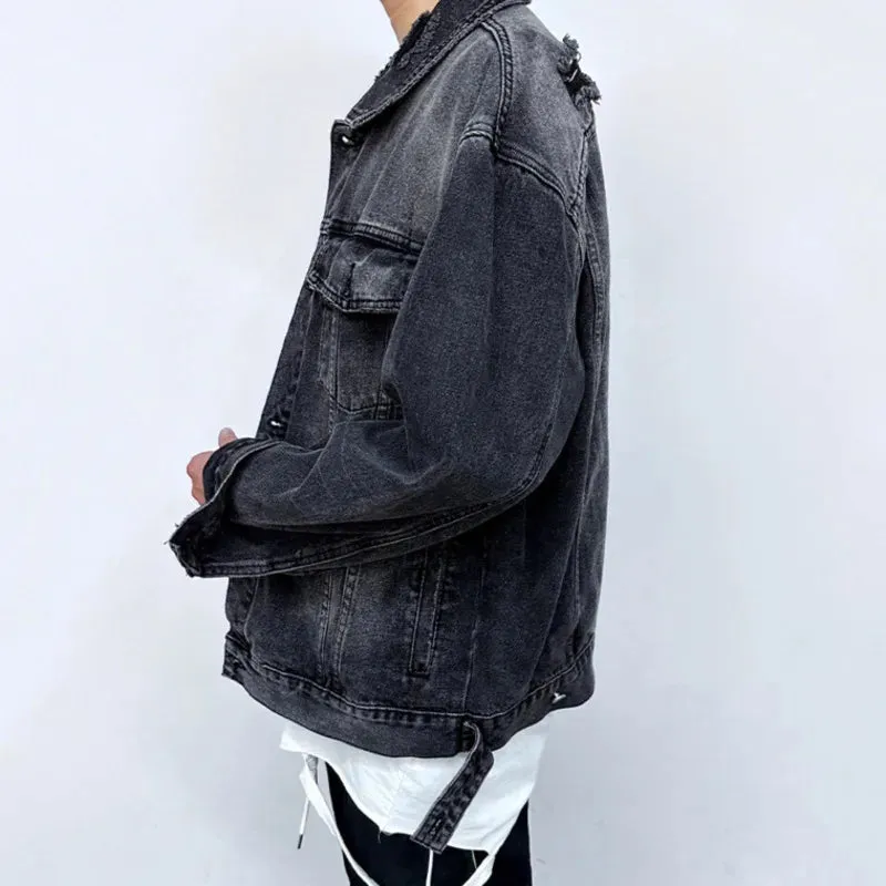 American Denim Jackets Holes Multi Pocket Lapel Solid Color Coats Button 2024 Single Breasted Tops Winter Loose Tide 9C8811
