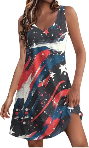 American Flag Dress Women 4th of July Patriotic Sundresses Crew Neck Sleeveless Stars Stripes Mini Dress with Pocket