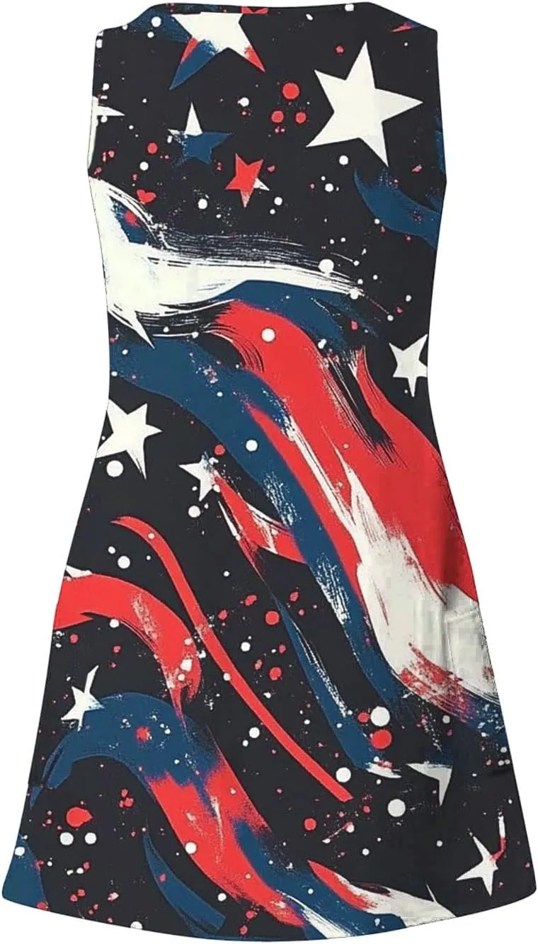 American Flag Dress Women 4th of July Patriotic Sundresses Crew Neck Sleeveless Stars Stripes Mini Dress with Pocket