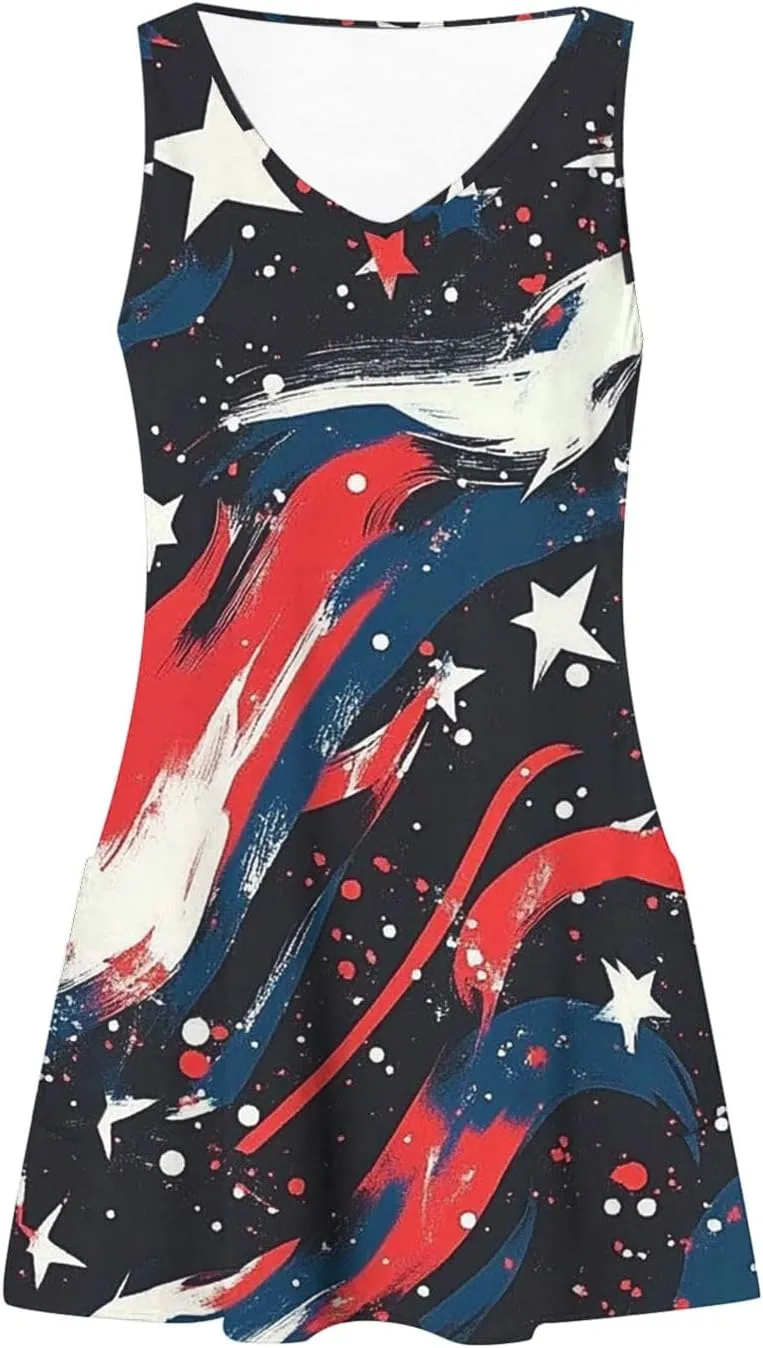 American Flag Dress Women 4th of July Patriotic Sundresses Crew Neck Sleeveless Stars Stripes Mini Dress with Pocket