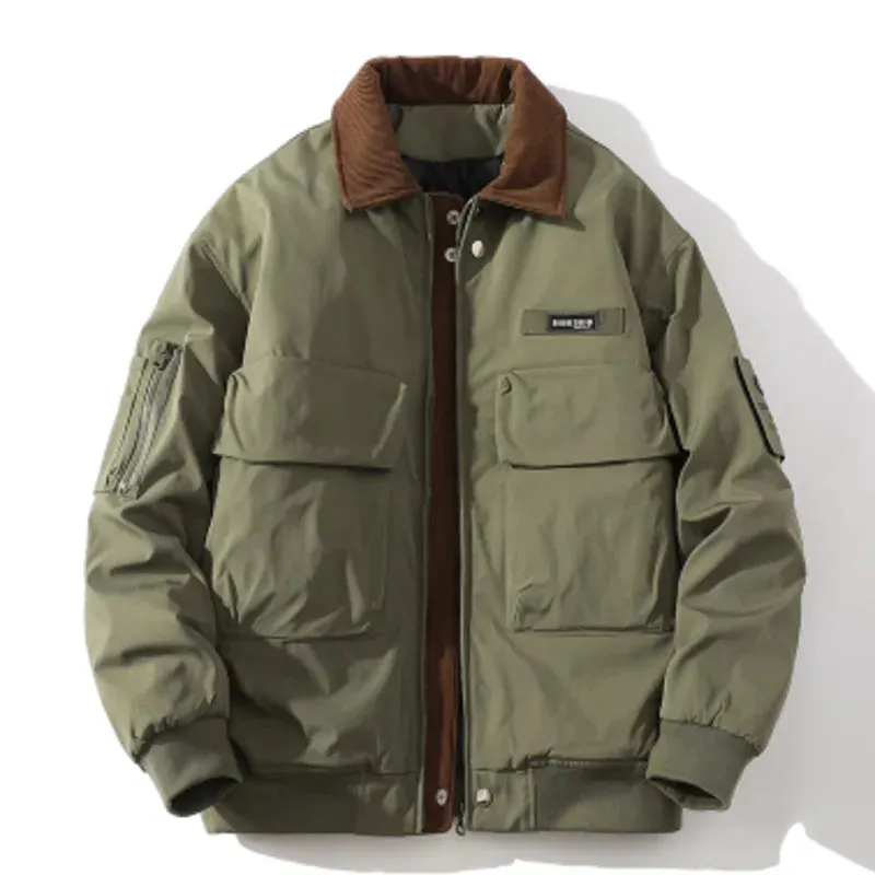 American style men's thickened cotton coats lapel patchwork contrast color big pockets casual male padded jackets CPG2523