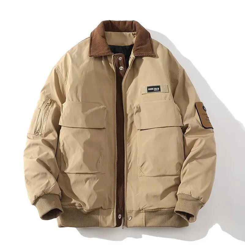 American style men's thickened cotton coats lapel patchwork contrast color big pockets casual male padded jackets CPG2523