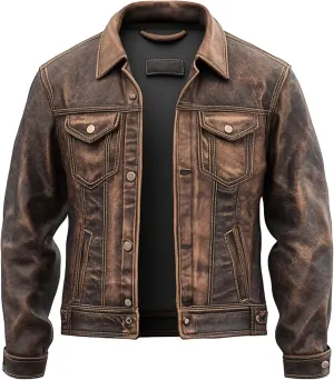 American Vintage Fashion Trucker Jacket Men - Western Motorcycle Real Lambskin Leather Jacket