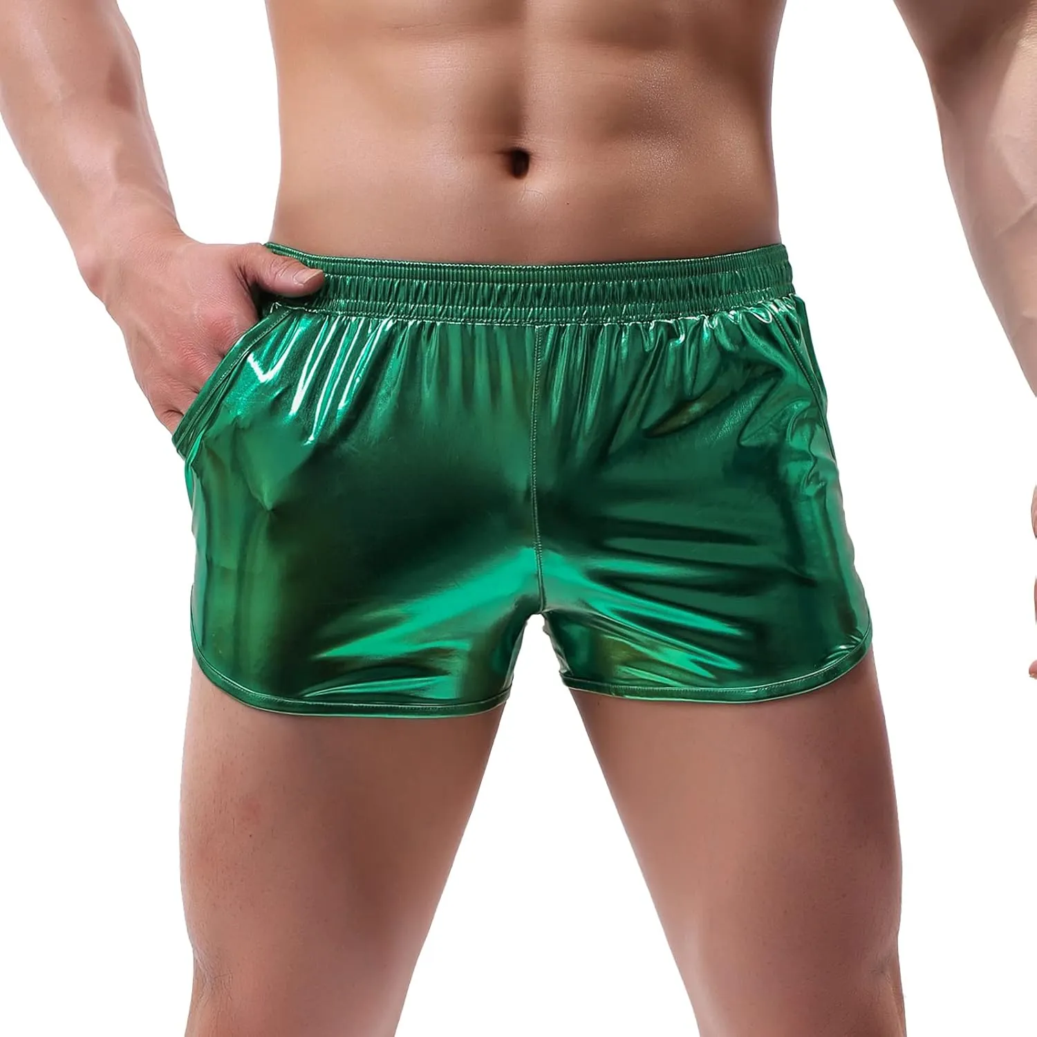 AMY COULEE Mens Metallic Shorts Sexy Shiny Sparkly Rave Outfit Holographic Booty Shorts with Pockets