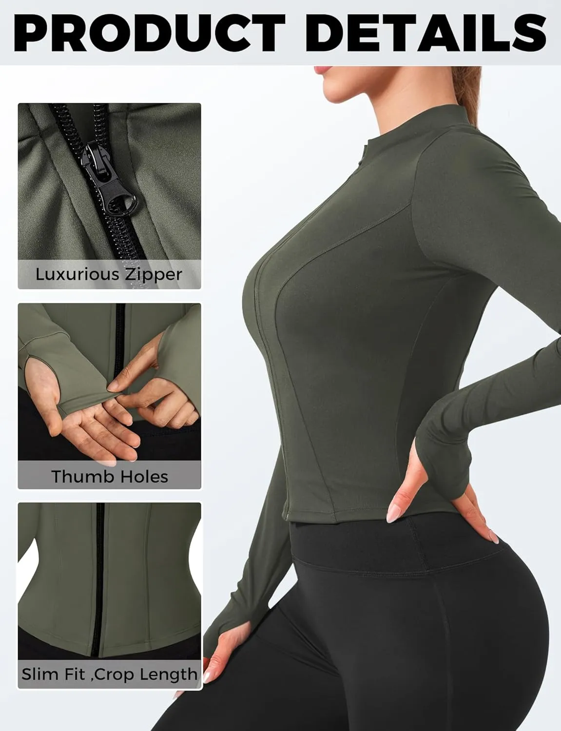 AURUZA Womens Workout Jackets, Lightweight Zip Up Athletic Jacket for Women Cropped Workout Gym Running Tops With Thumb Holes