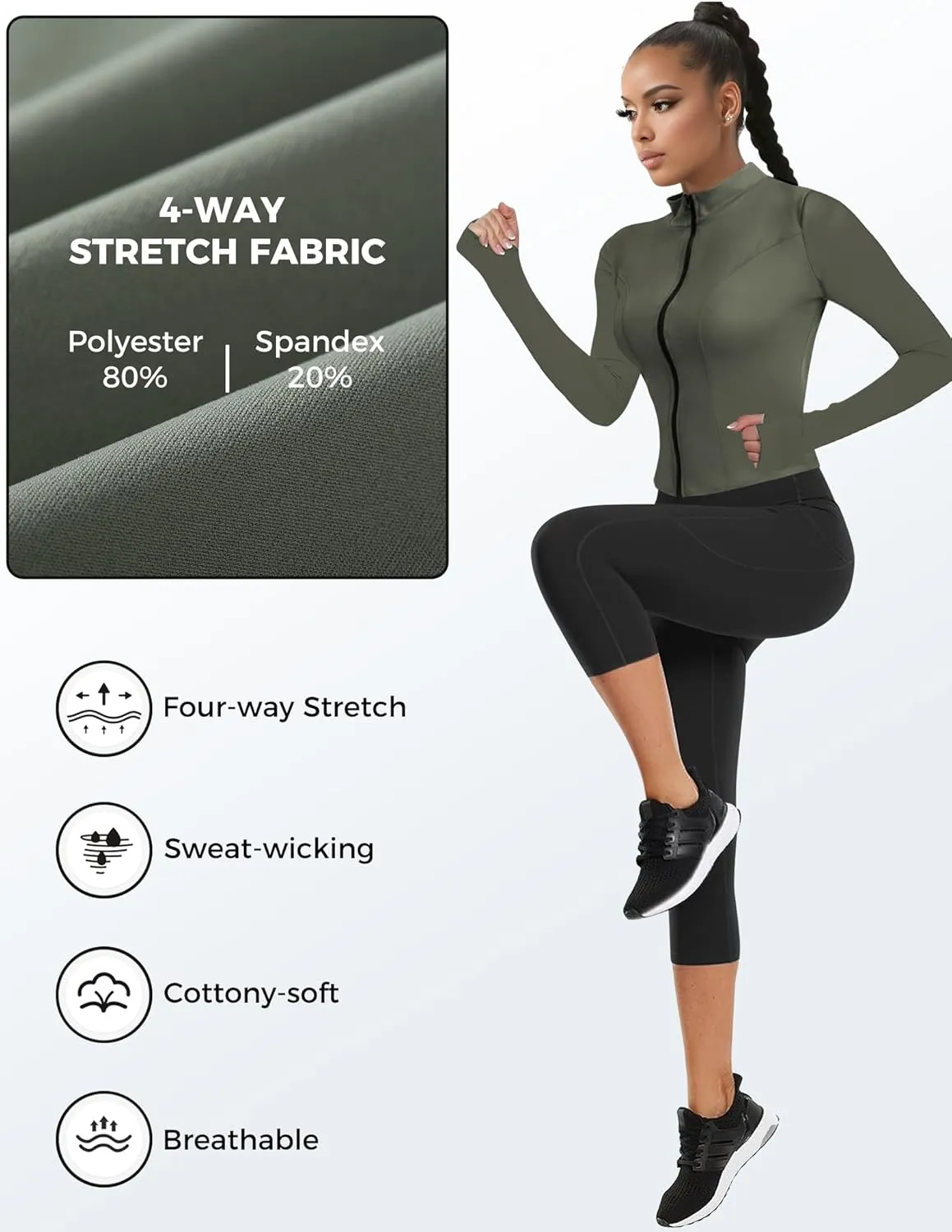 AURUZA Womens Workout Jackets, Lightweight Zip Up Athletic Jacket for Women Cropped Workout Gym Running Tops With Thumb Holes