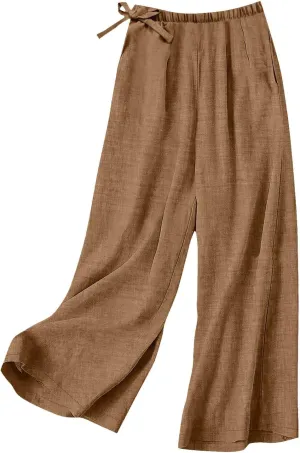 Baggy Linen Pants Women Summer Drawstring Elastic Waist Wide Leg Lounge Pant Loose Flowy Beach Trousers with Pockets