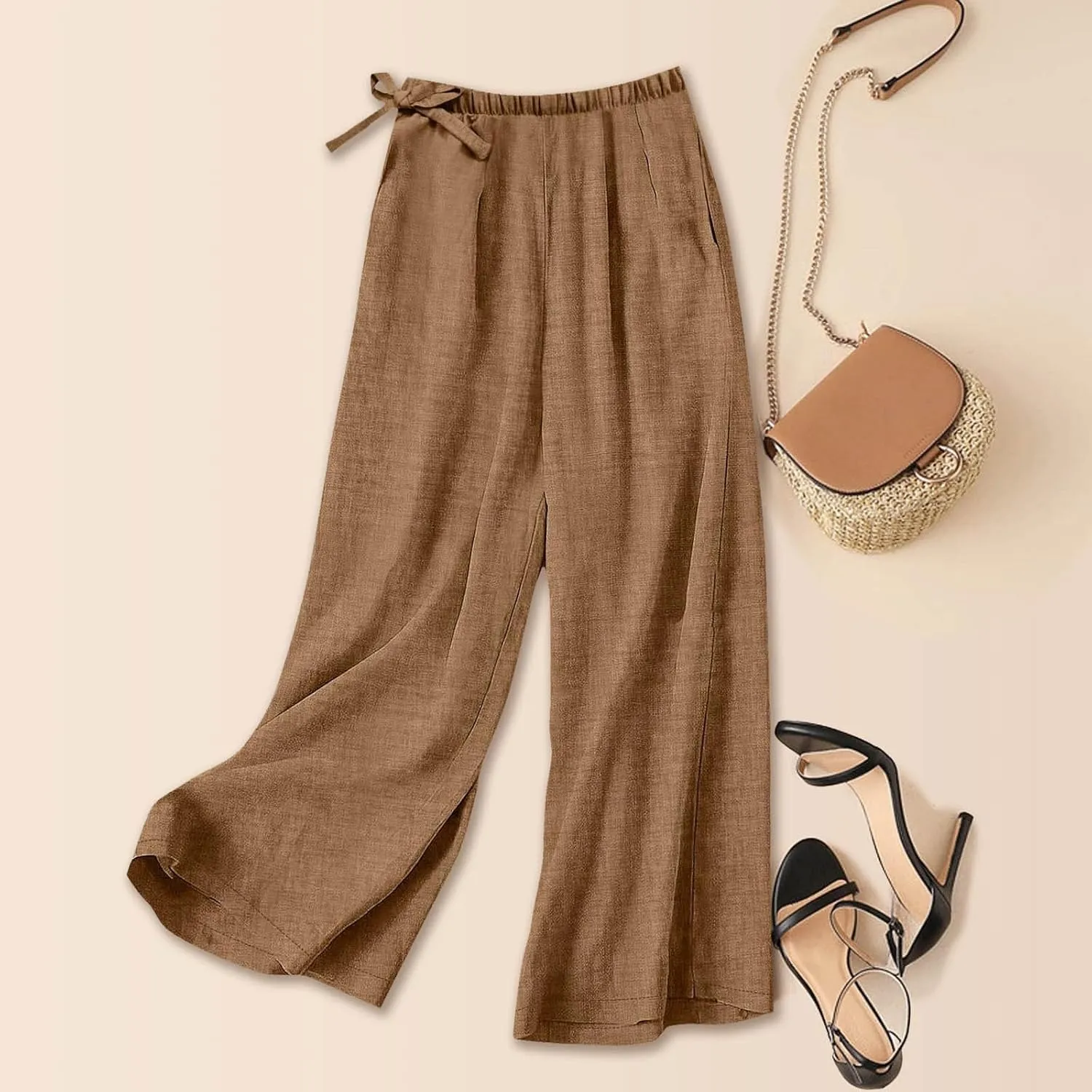 Baggy Linen Pants Women Summer Drawstring Elastic Waist Wide Leg Lounge Pant Loose Flowy Beach Trousers with Pockets