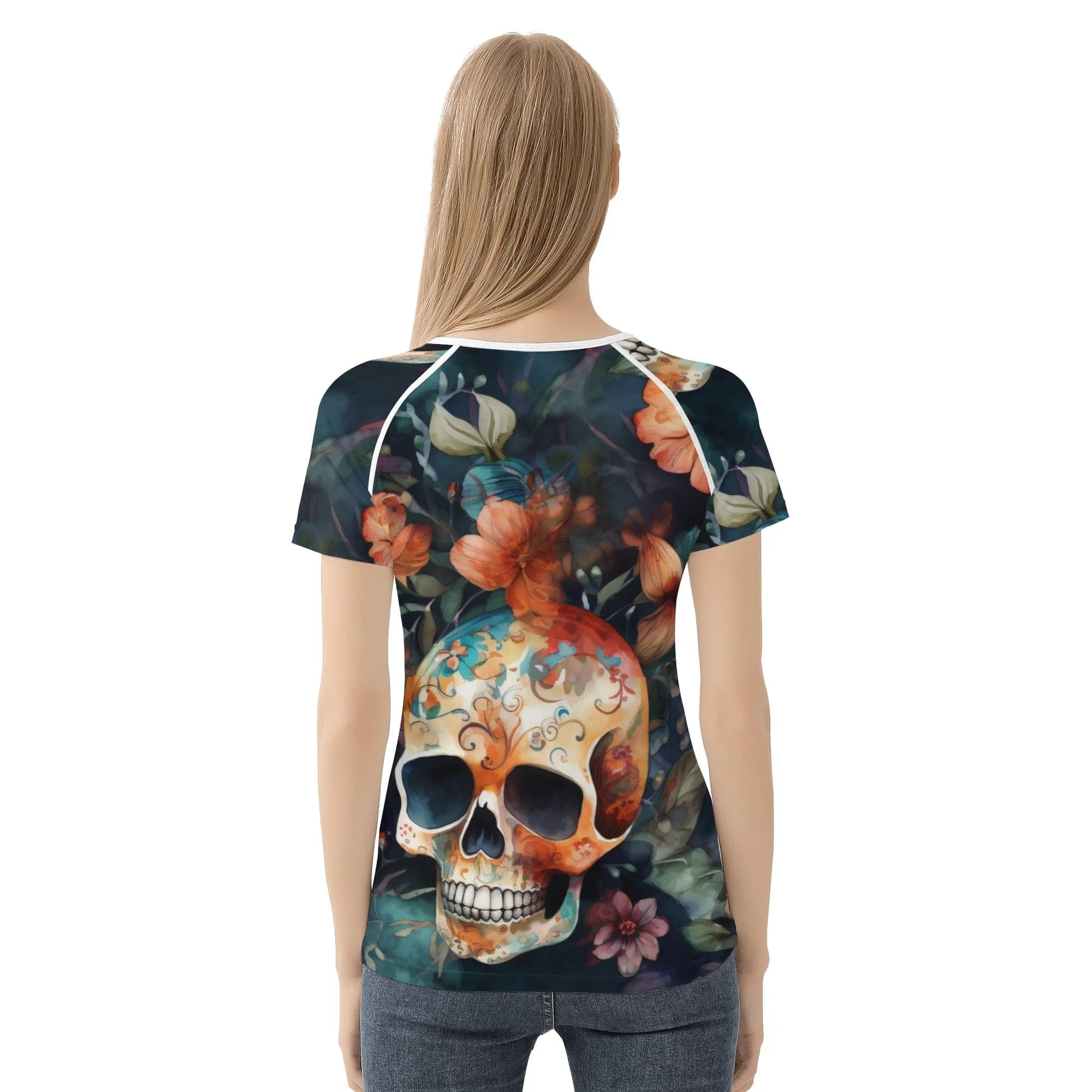 Be Unique & Stylish In This Women's Skull Brown Floral Short Sleeve T-Shirt