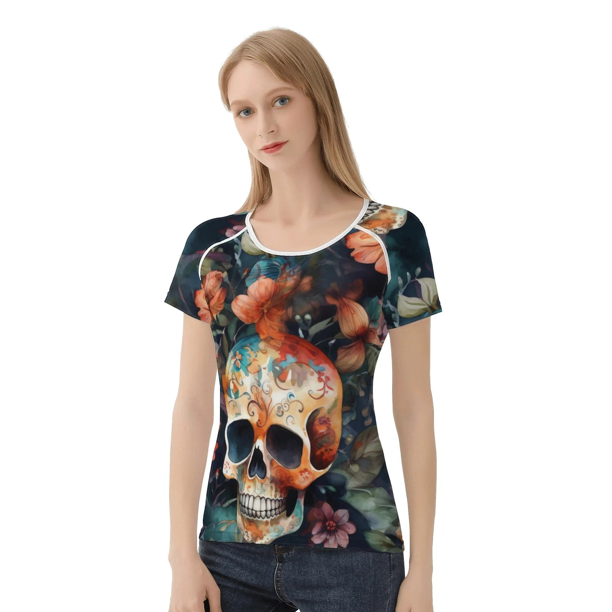 Be Unique & Stylish In This Women's Skull Brown Floral Short Sleeve T-Shirt