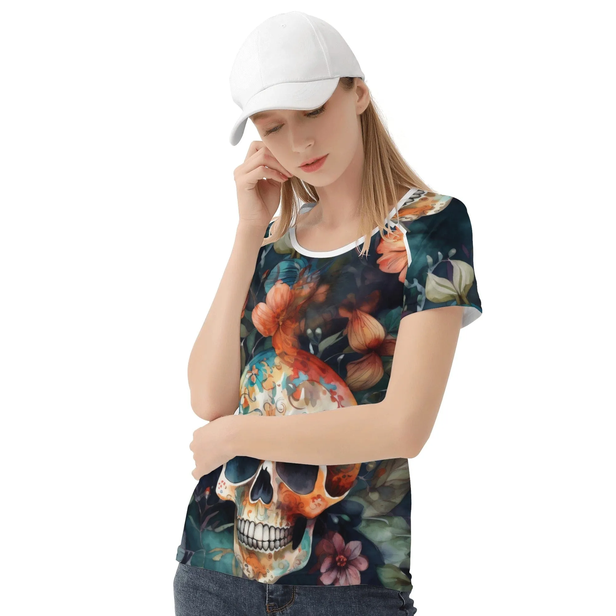Be Unique & Stylish In This Women's Skull Brown Floral Short Sleeve T-Shirt