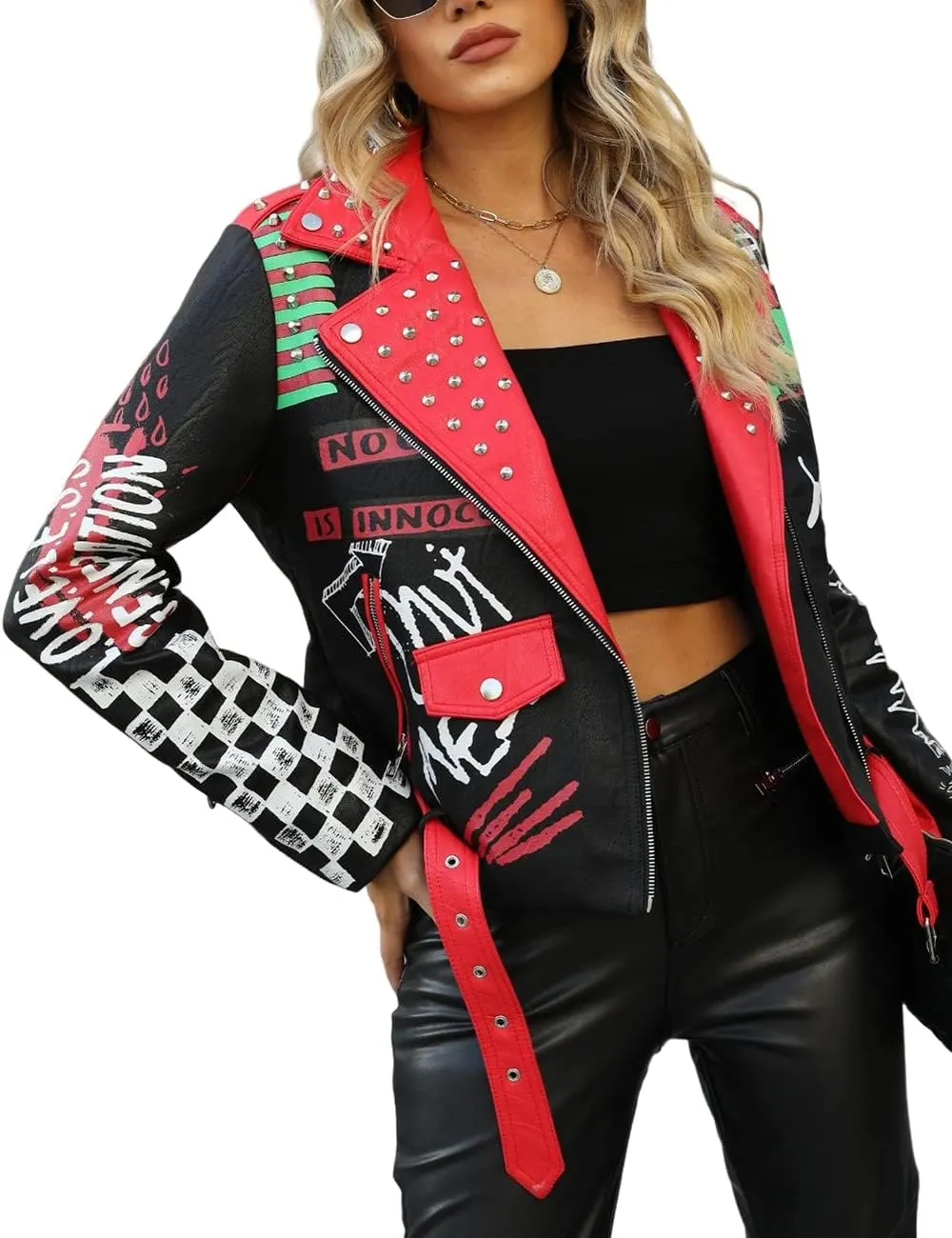 Bellivera Faux Leather Jacket for Women Studded Rivet Floral Moto Biker Short Lapel Coat